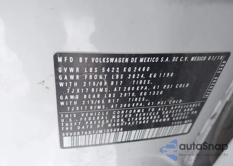 2018 Volkswagen Tiguan 2.0T S z USA, uszkodzony, nr VIN 3VV0B7AX1JM105886